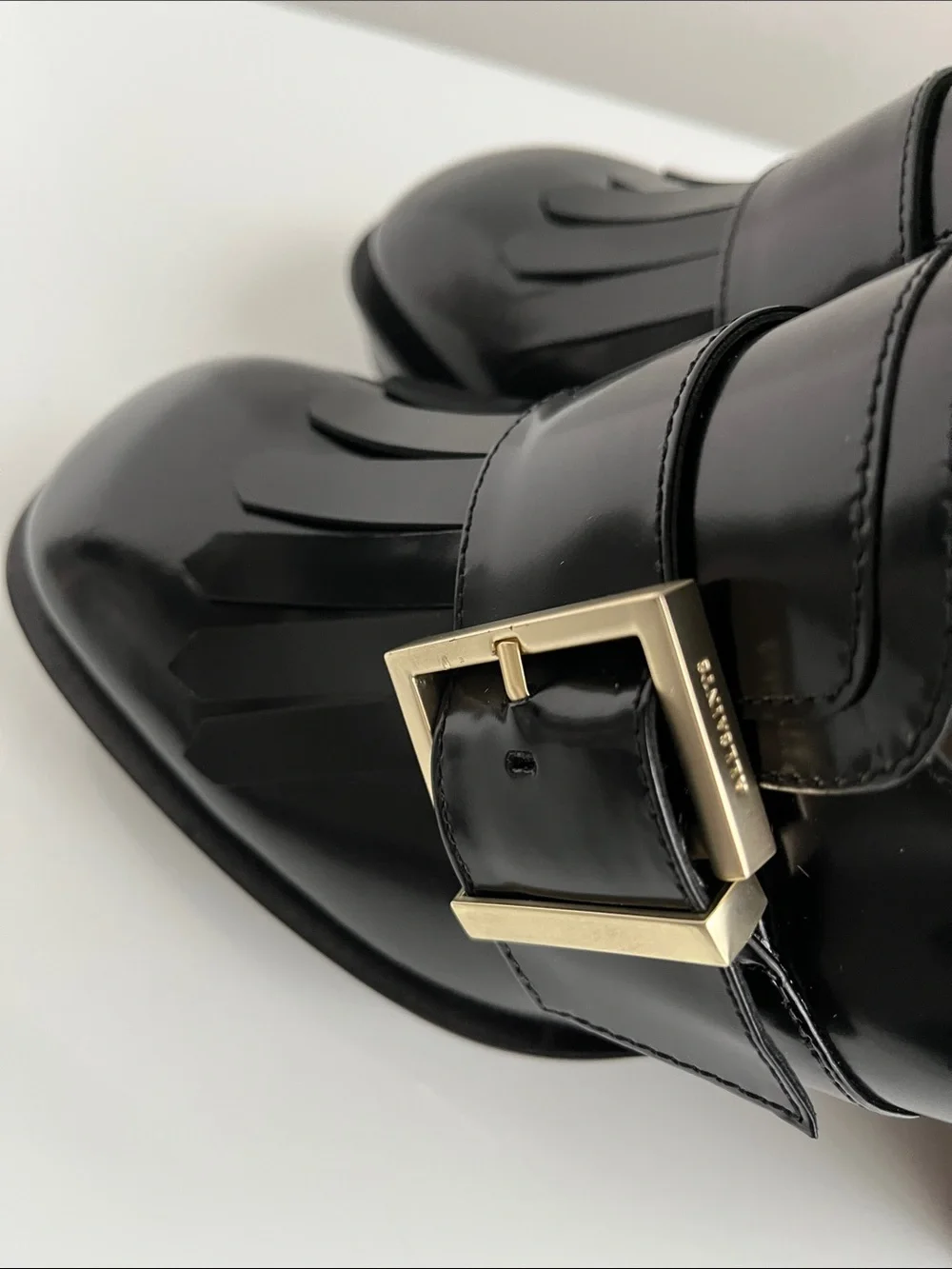 All Saints “ZIA” Black Leather Kiltie Loafers with Gold Buckle